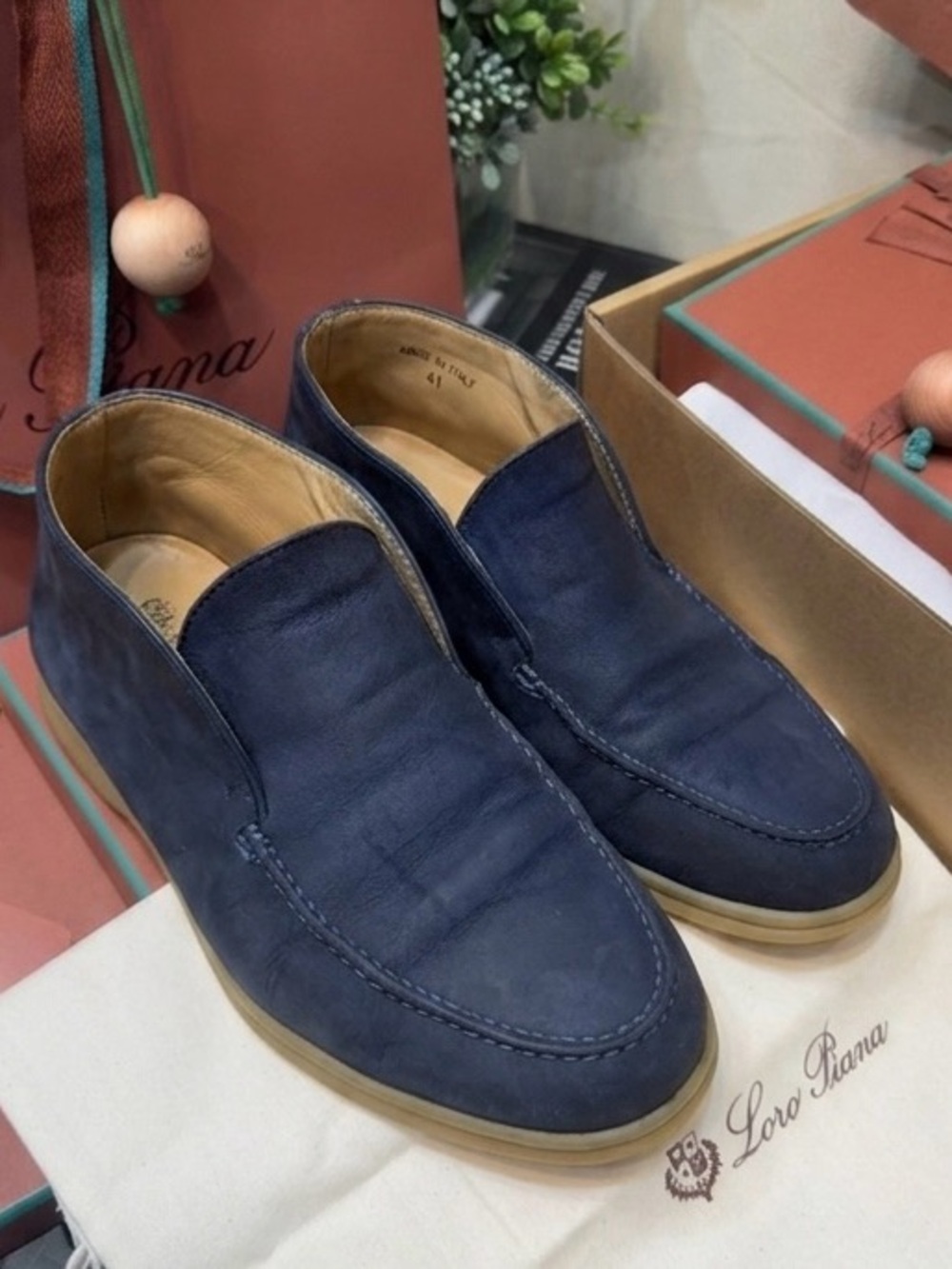 Loro Piana Summer Walk Navy Blue Suede Loafers Men's Size 41